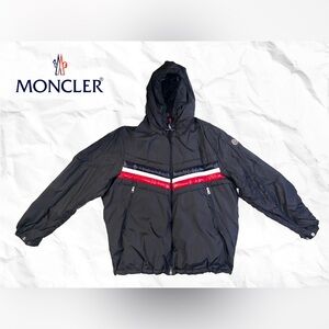 Moncler Men’s Dark Grey Lightweight Down Jacket with Blue, Red and White Accents